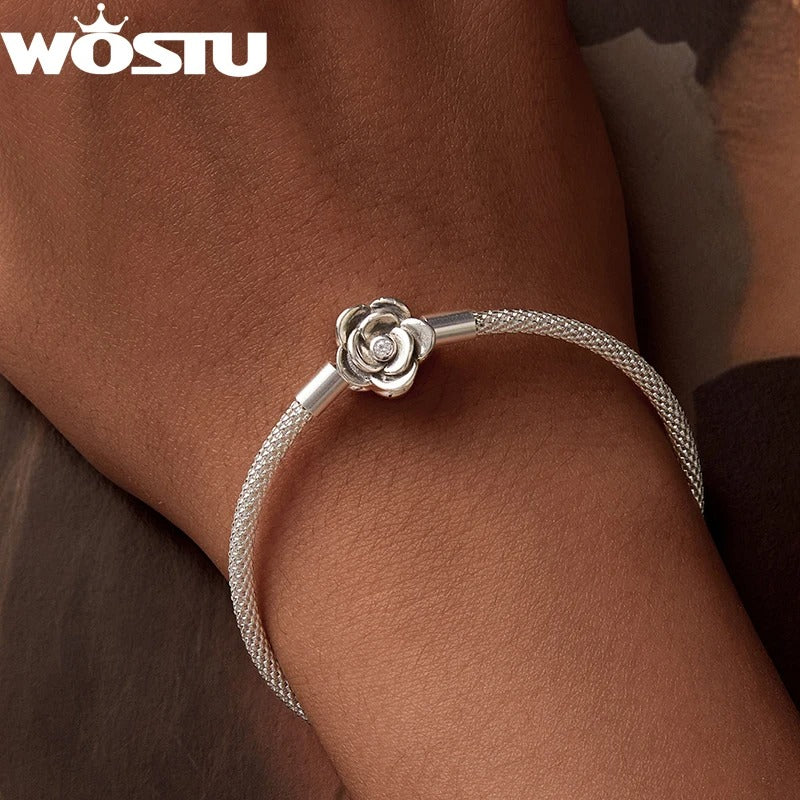 WOSTU 925 Sterling Silver Vintage Rose Flower Heart Bangle – Love Charm Bracelet for Women Valentine & Mother’s Day Gift