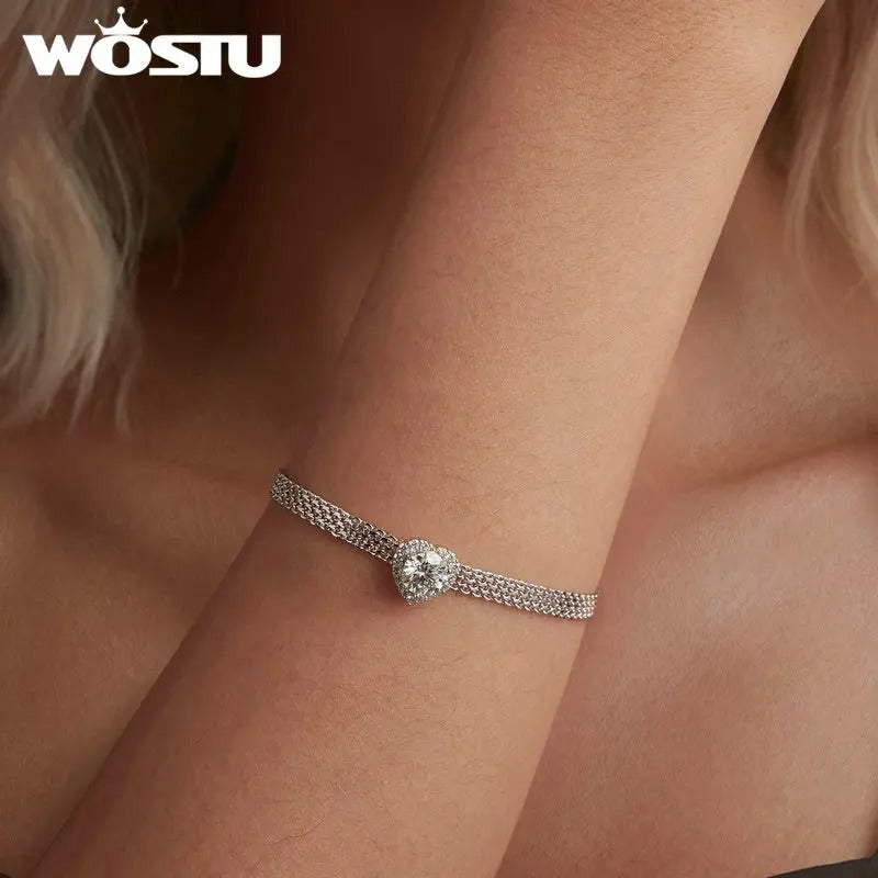 WOSTU 925 Sterling Silver 1CT Moissanite Heart Bracelet – Sparkling Lab Diamond Star Flat Wide Chain Link Jewelry for Women