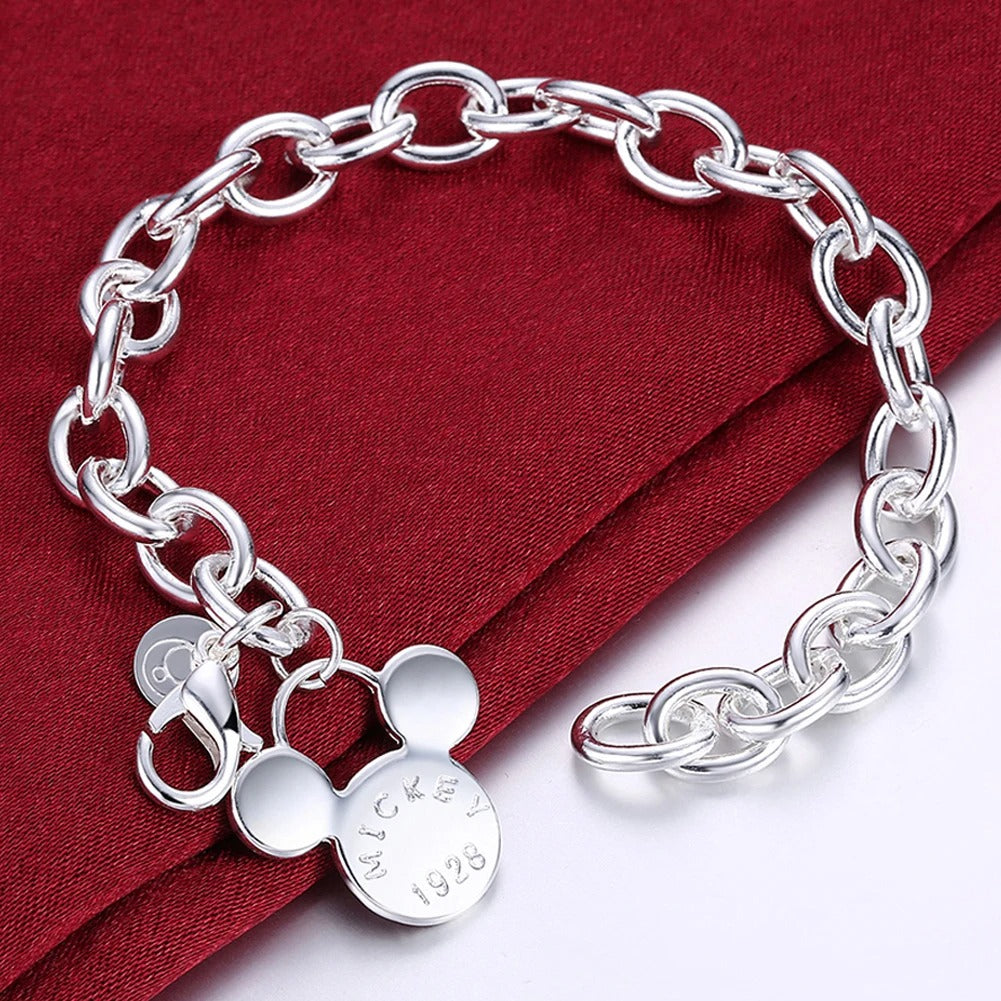 S925 Sterling Silver Mickey Pendant Bracelet – 8 Inch (20cm) Women’s Valentine’s Day Wedding Holiday Jewelry Gift