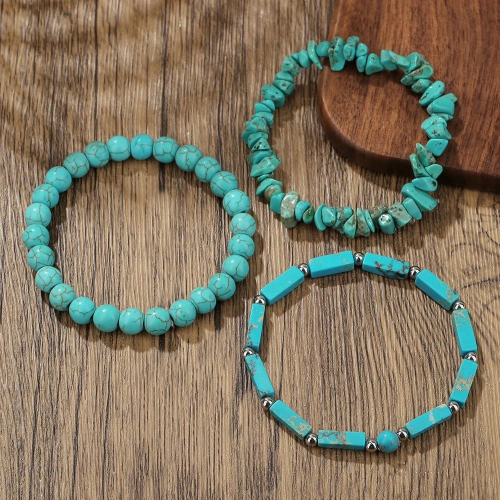 3pcs Bohemian Ethnic Style Turquoise Bead Bracelet Set – Retro Irregular Beads, Couple Jewelry Gift, Pandora Charm Compatible