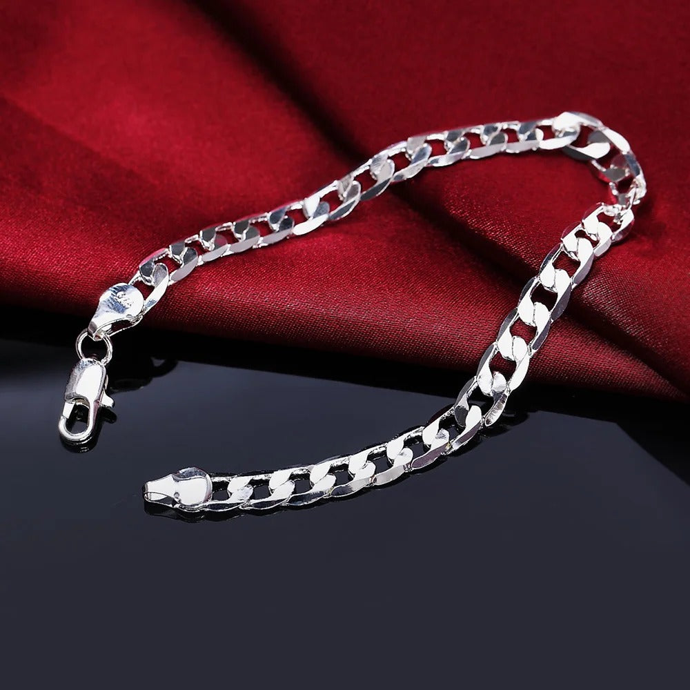 Hot 925 Sterling Silver 4MM Flat Sideways Chain Bracelet & Necklace Set – Unisex Fashion Party Wedding Jewelry Gift