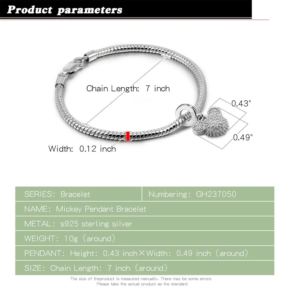 Cute Girl 925 Sterling Silver Mickey Bracelet – Simple Fashion Snake Chain Bangle for Teen & Women Charm Jewelry Gift