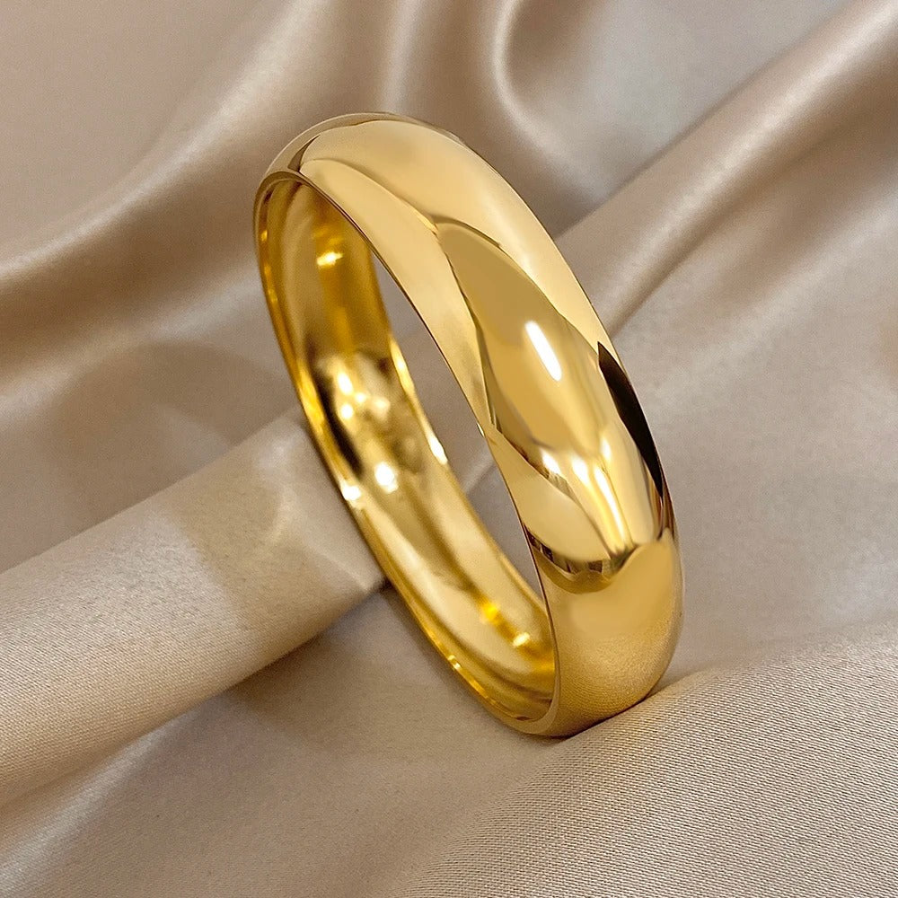 Glossy Gold Plated Stainless Steel Chunky Cuff Bracelet – Unisex Waterproof Smooth Bangle Jewelry (10/15/30mm)