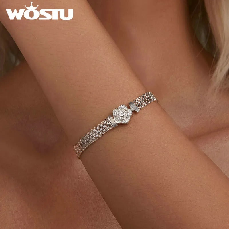 WOSTU 925 Sterling Silver Rose Flat Chain Bracelet – Sparkling Zirconia Flower Charm Bangle for Women Birthday Gift