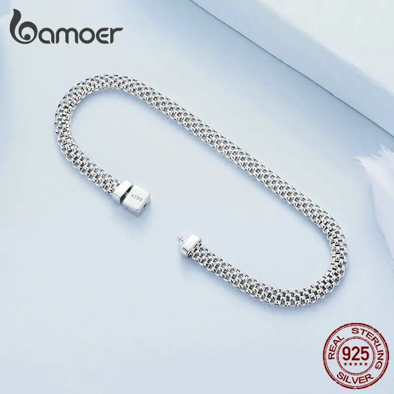 Bamoer 925 Sterling Silver Classic Square Buckle Bracelet – Retro Braided Silver Chain Link Women’s Platinum Plated Jewelry