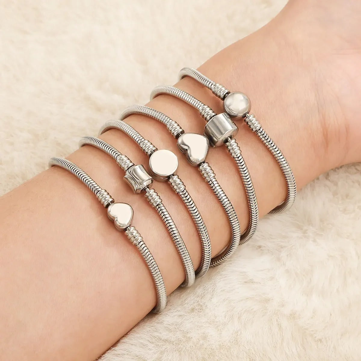 Stainless Steel Snake Chain Charm Bracelet with Heart Clasp – DIY Jewelry Making Supplies, Fits Pandora Style Beads & Charms