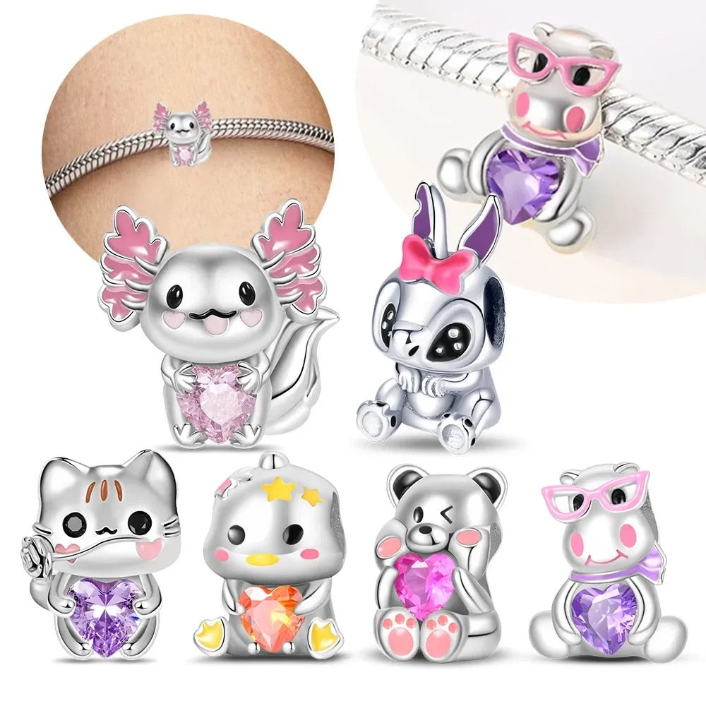 925 Sterling Silver Pink Cat & Duck Cartoon Charm Bead – Cute DIY Jewelry Fits Original Pandora Bracelets for Women