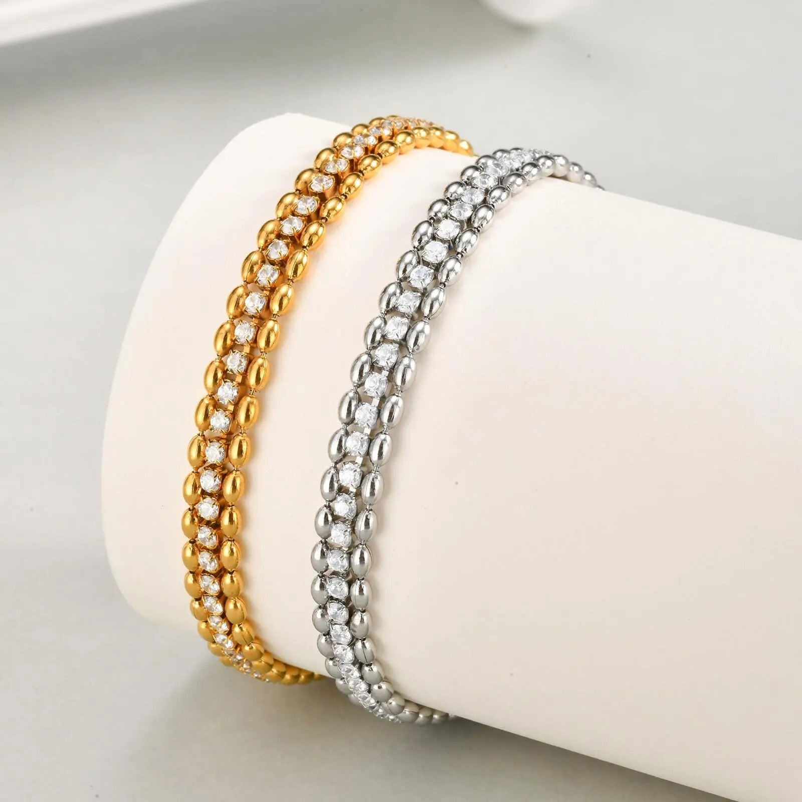 Vnox Women’s Gold & Silver Woven Cubic Zirconia Bracelet – Stainless Steel Double Beads Chain Charm Jewelry