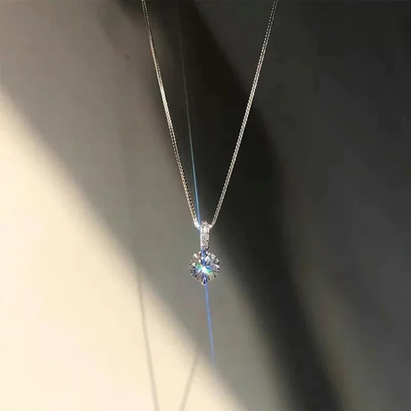 925 Sterling Silver Zircon Round Pendant Necklace – Women’s Rhinestone Clavicle Chain Fashion Jewelry Gift