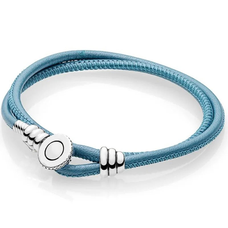 Original Multicolor Double Leather Bracelet with Logo Button Clasp – Fits Pandora 925 Sterling Silver Charms & Beads DIY Jewelry