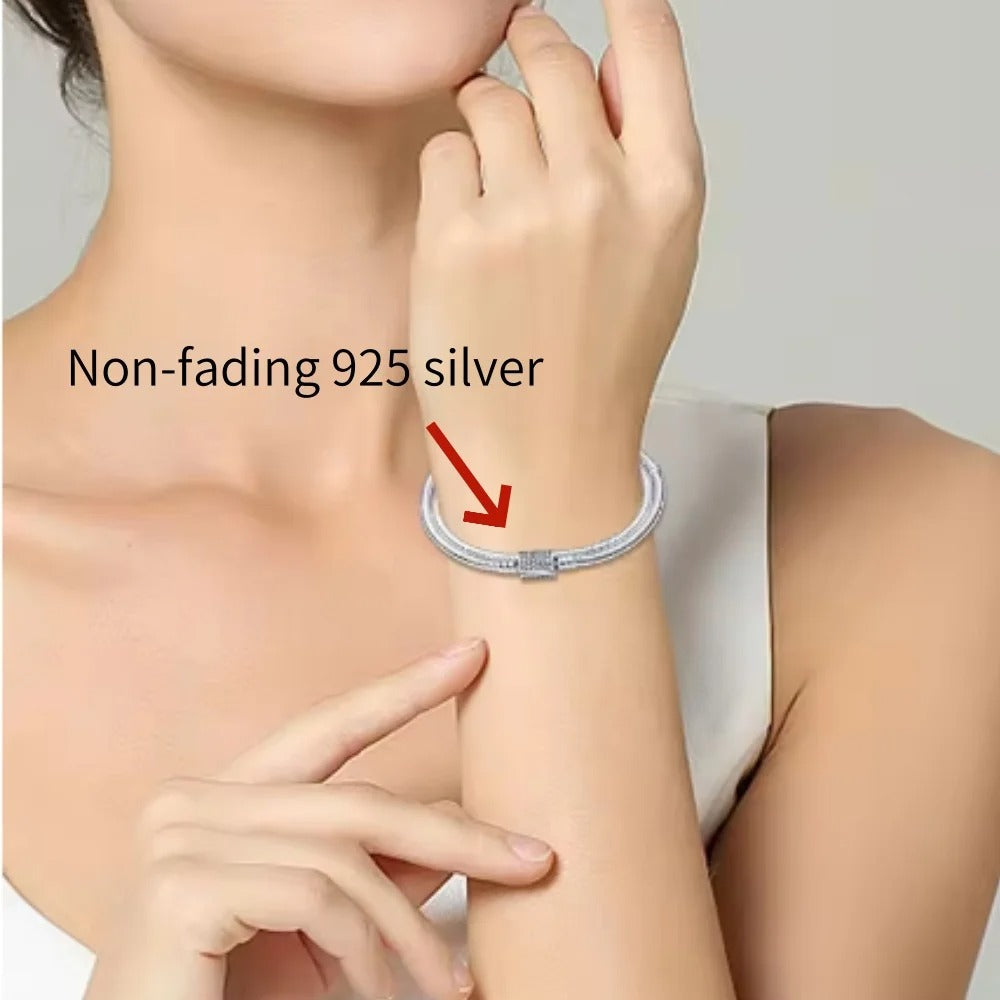 925 Sterling Silver Twofold Bracelet Set with Zircon – Classic Snake Chain, Fits Pandora DIY Charms & Beads for Women