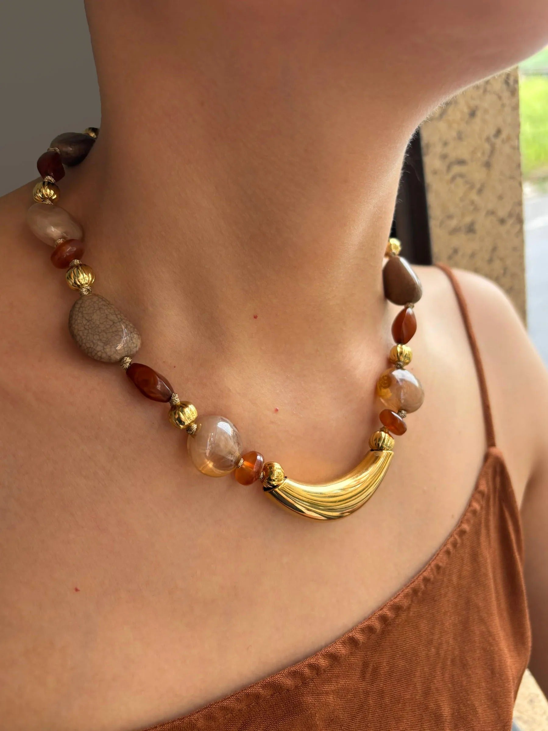 GHIDBK Handmade Resin Beads Choker Necklace – Gold Plated Irregular Tube Chain Jewelry for Women