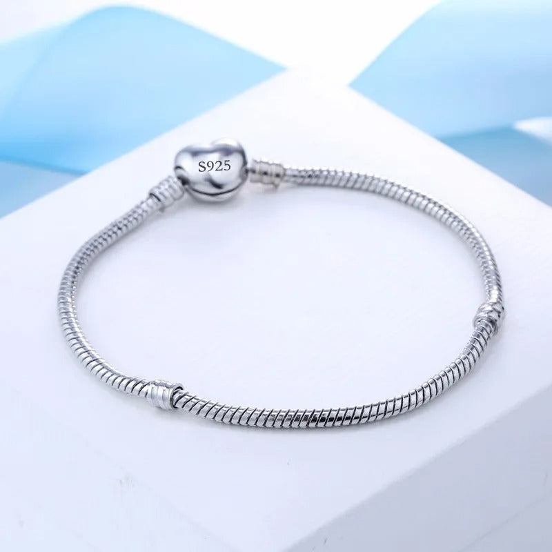 Handmade 925 Sterling Silver Charm Bracelet with Heart Clasp – Smooth Bangle for Women & Men, DIY Jewelry 16–23cm