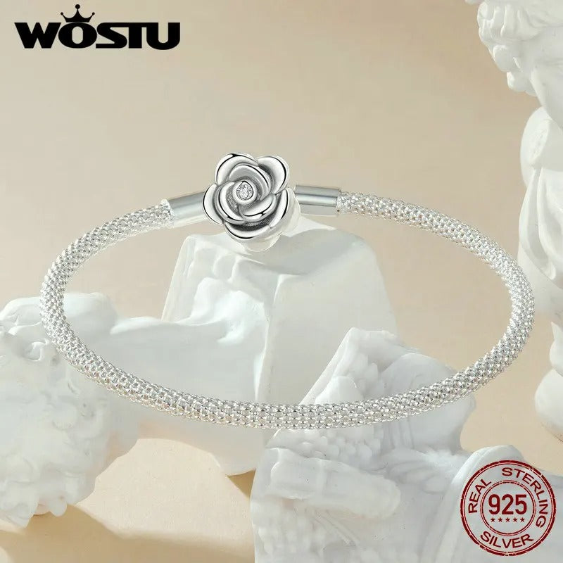 WOSTU 925 Sterling Silver Vintage Rose Flower Bracelet – Women’s Basic Bangle Fit DIY Charms & Beads Wedding Fine Jewelry