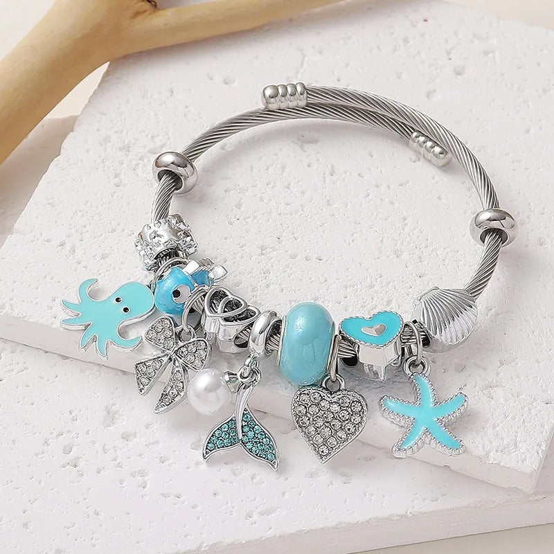 Beach Jewelry Stainless Steel Ocean Charm Bracelet – Blue Starfish Pendant, Pandora Style Summer Bracelet for Women