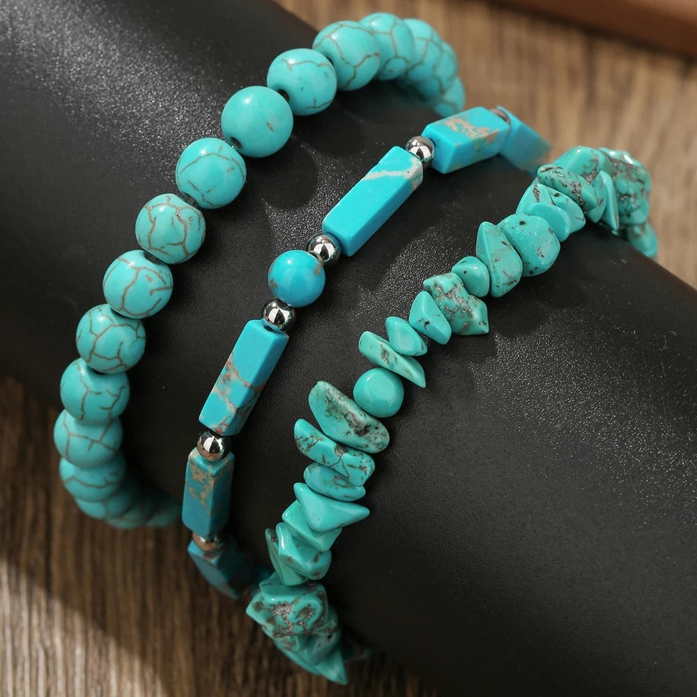 3pcs Bohemian Ethnic Style Turquoise Bead Bracelet Set – Retro Irregular Beads, Couple Jewelry Gift, Pandora Charm Compatible