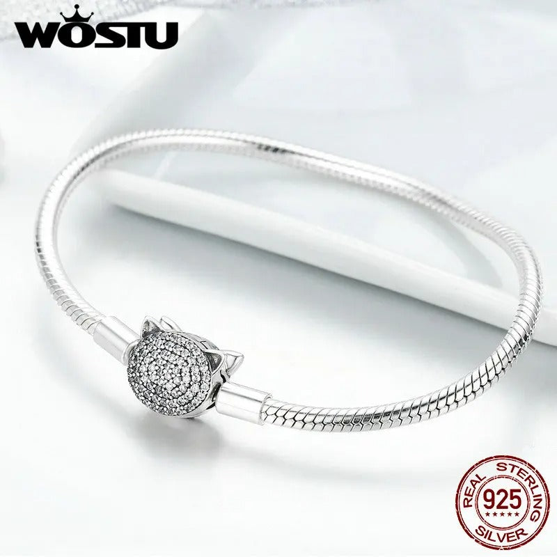 WOSTU 925 Sterling Silver Cute Cat CZ Snake Chain Bracelet – Women’s Glittering Charm Bangle Fine Silver Jewelry