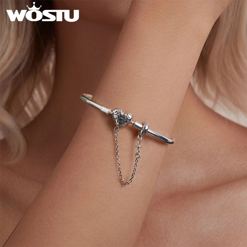 WOSTU 925 Sterling Silver Retro Heart Safety Chain Bracelet – Women’s DIY Zircon Bangle Jewelry Gift