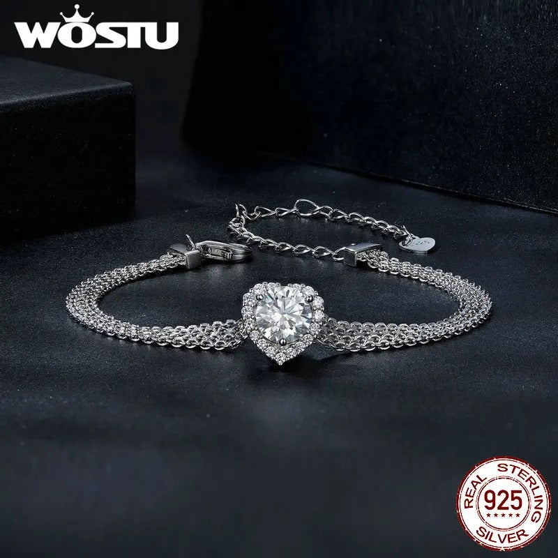 WOSTU 925 Sterling Silver 1CT Moissanite Heart Bracelet – Sparkling Lab Diamond Star Flat Wide Chain Link Jewelry for Women