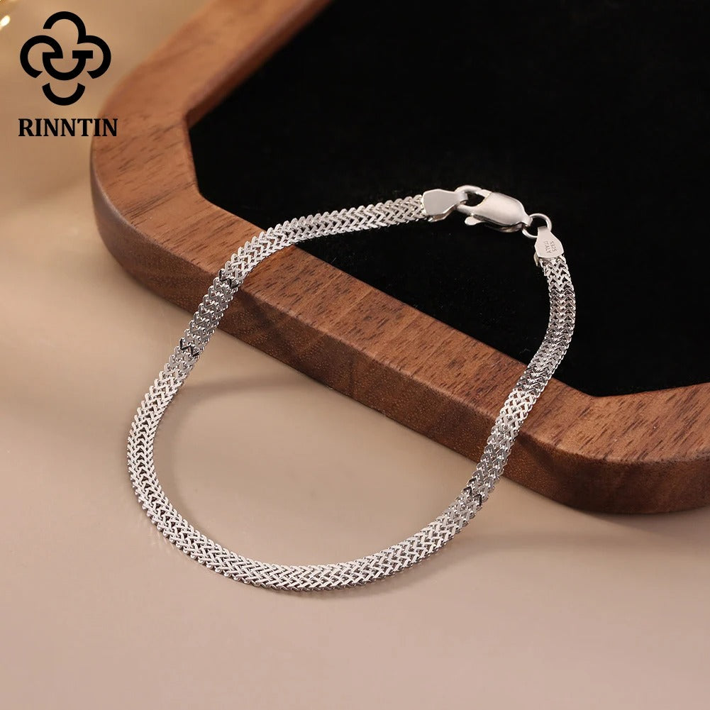 Rinntin 925 Sterling Silver 2.8mm Flat Mesh Chain Bracelet – Unisex Simple Bangle Chain Daily Wear Jewelry SB216