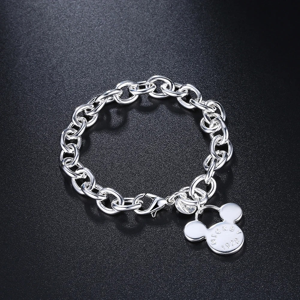 S925 Sterling Silver Mickey Pendant Bracelet – 8 Inch (20cm) Women’s Valentine’s Day Wedding Holiday Jewelry Gift