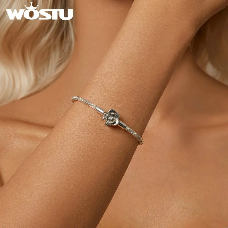 WOSTU 925 Sterling Silver Vintage Rose Flower Bracelet – Women’s Basic Bangle Fit DIY Charms & Beads Wedding Fine Jewelry
