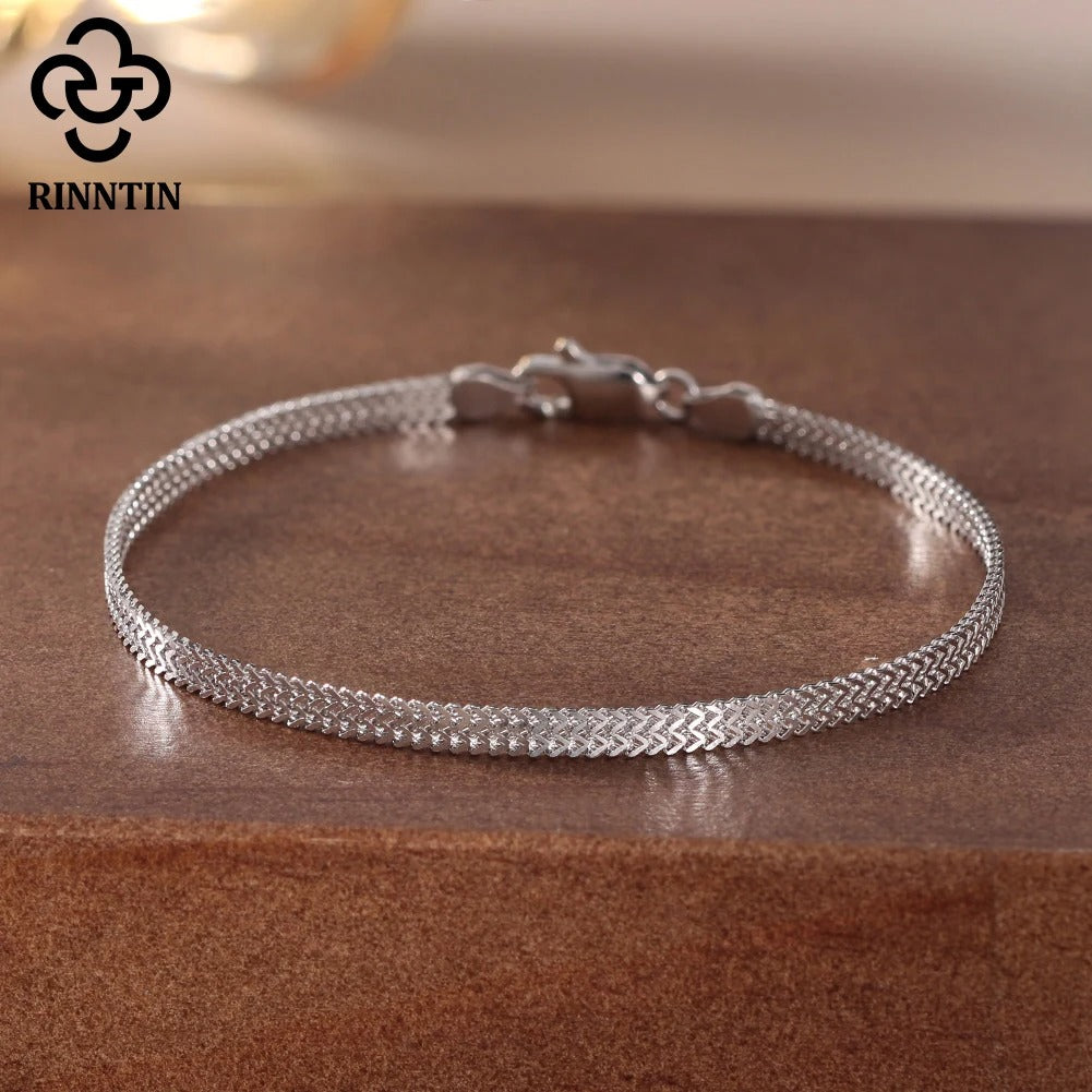Rinntin 925 Sterling Silver 2.8mm Flat Mesh Chain Bracelet – Unisex Simple Bangle Chain Daily Wear Jewelry SB216