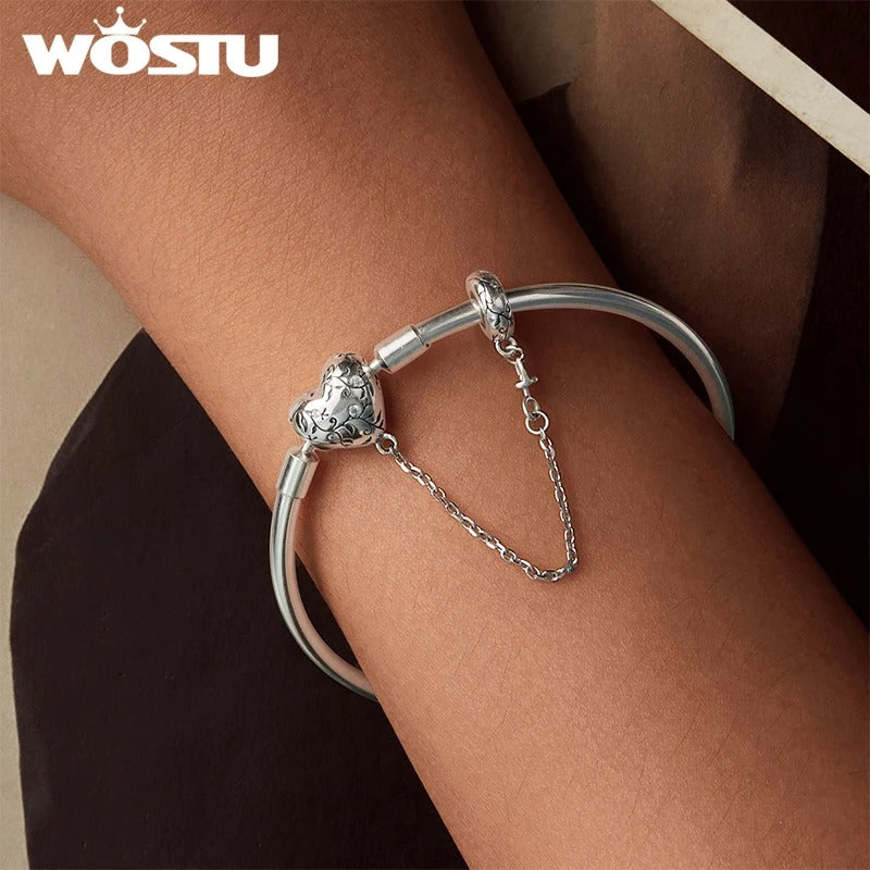WOSTU 925 Sterling Silver Retro Heart Safety Chain Bracelet – Women’s DIY Zircon Bangle Jewelry Gift