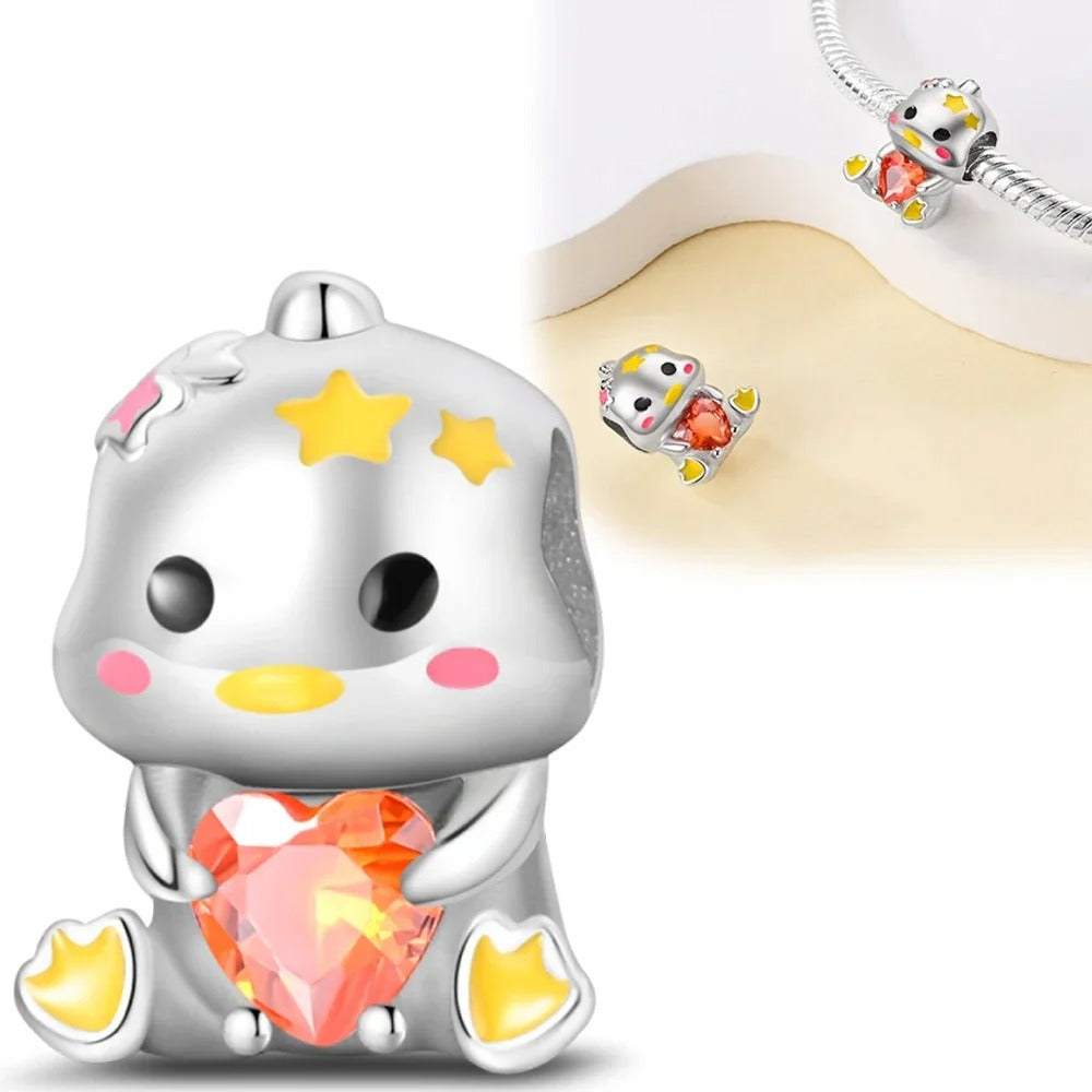925 Sterling Silver Pink Cat & Duck Cartoon Charm Bead – Cute DIY Jewelry Fits Original Pandora Bracelets for Women