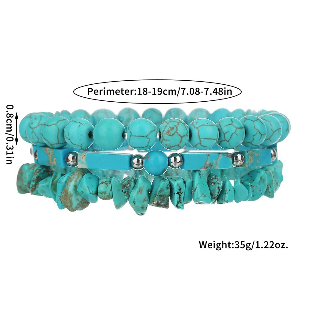 3pcs Bohemian Ethnic Style Turquoise Bead Bracelet Set – Retro Irregular Beads, Couple Jewelry Gift, Pandora Charm Compatible