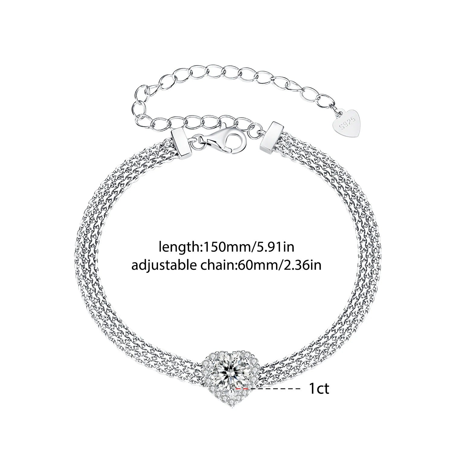 WOSTU 925 Sterling Silver 1CT Moissanite Heart Bracelet – Sparkling Lab Diamond Star Flat Wide Chain Link Jewelry for Women