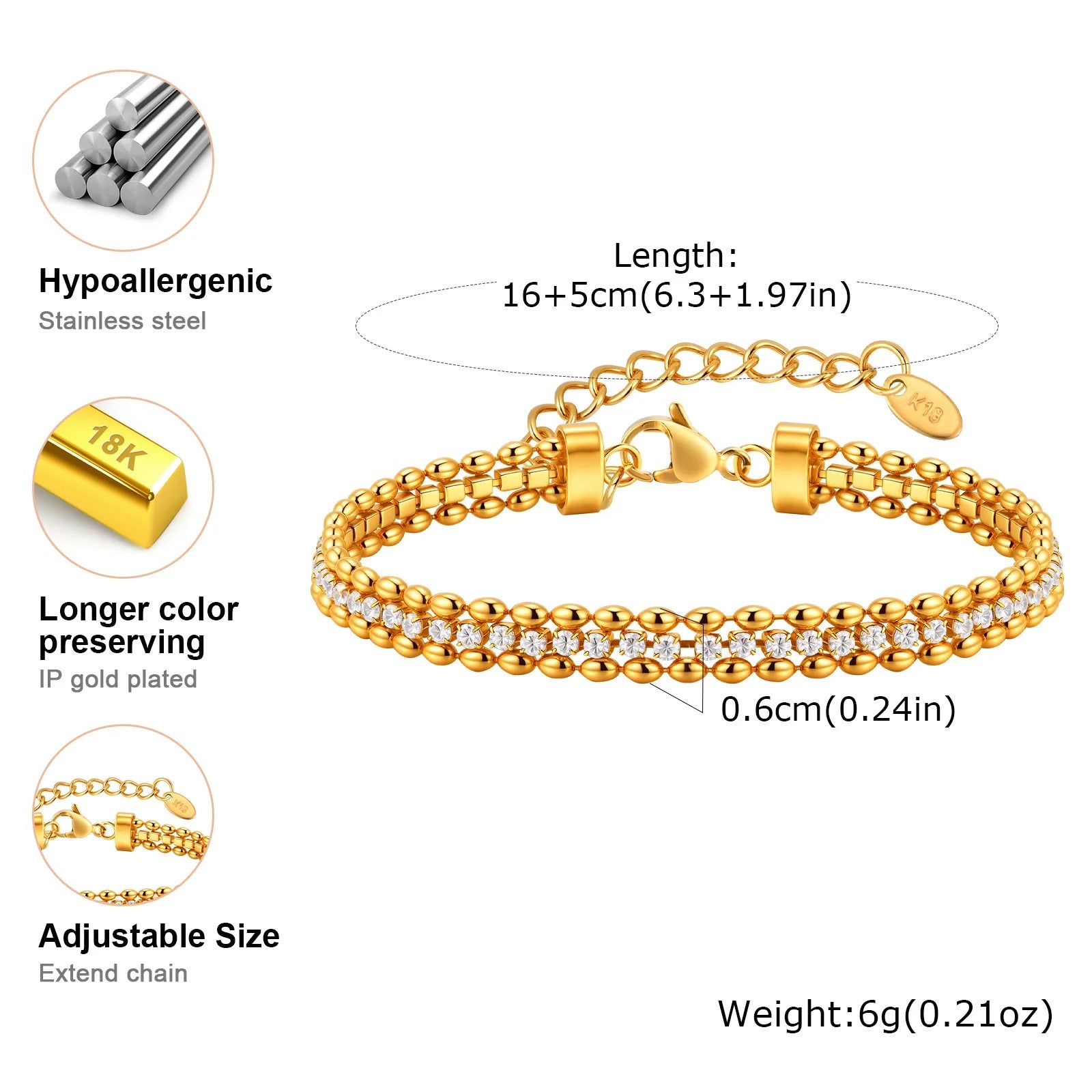 Vnox Women’s Gold & Silver Woven Cubic Zirconia Bracelet – Stainless Steel Double Beads Chain Charm Jewelry