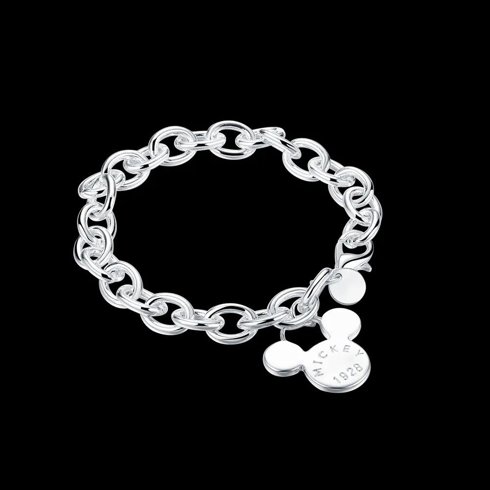 S925 Sterling Silver Mickey Pendant Bracelet – 8 Inch (20cm) Women’s Valentine’s Day Wedding Holiday Jewelry Gift