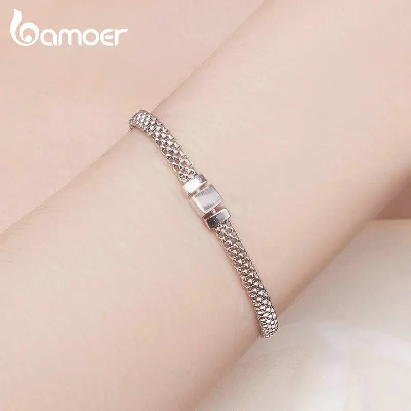 Bamoer 925 Sterling Silver Classic Square Buckle Bracelet – Retro Braided Silver Chain Link Women’s Platinum Plated Jewelry