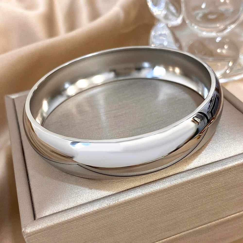 Simple Smooth Stainless Steel Wide Bangle Bracelet – Unisex Punk Chunky Glossy Stackable Jewelry for Men & Women