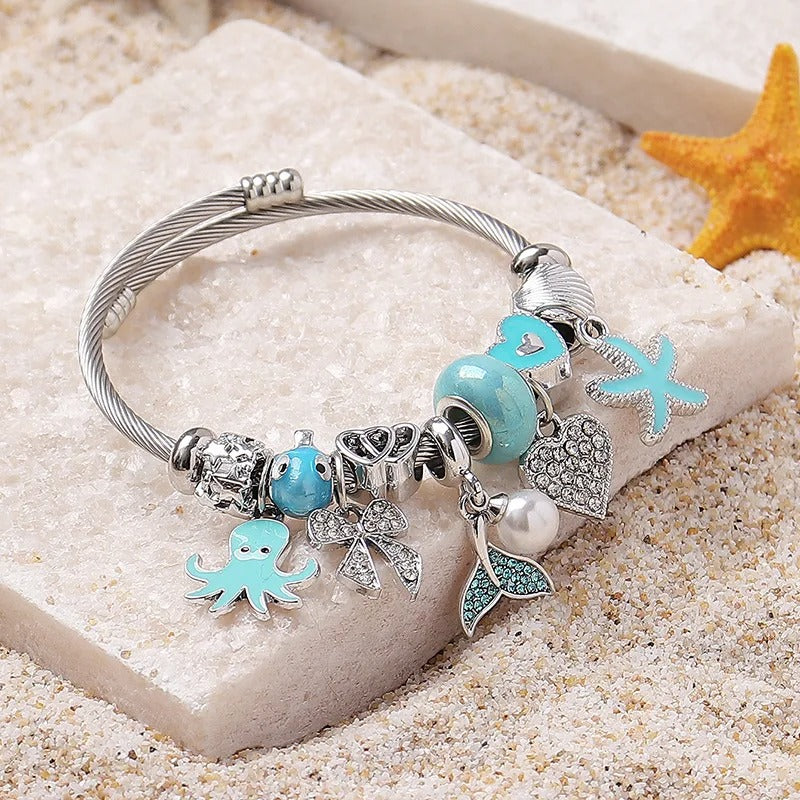 Beach Jewelry Stainless Steel Ocean Charm Bracelet – Blue Starfish Pendant, Pandora Style Summer Bracelet for Women