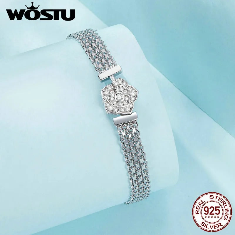 WOSTU 925 Sterling Silver Rose Flat Chain Bracelet – Sparkling Zirconia Flower Charm Bangle for Women Birthday Gift