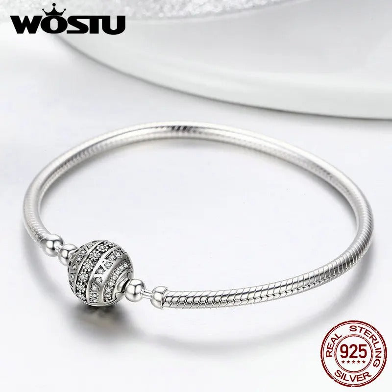 WOSTU 925 Sterling Silver Sparkling Ball Bracelet – Women’s Bangle Fit DIY Charms & Beads Original Jewelry Gift CQB062