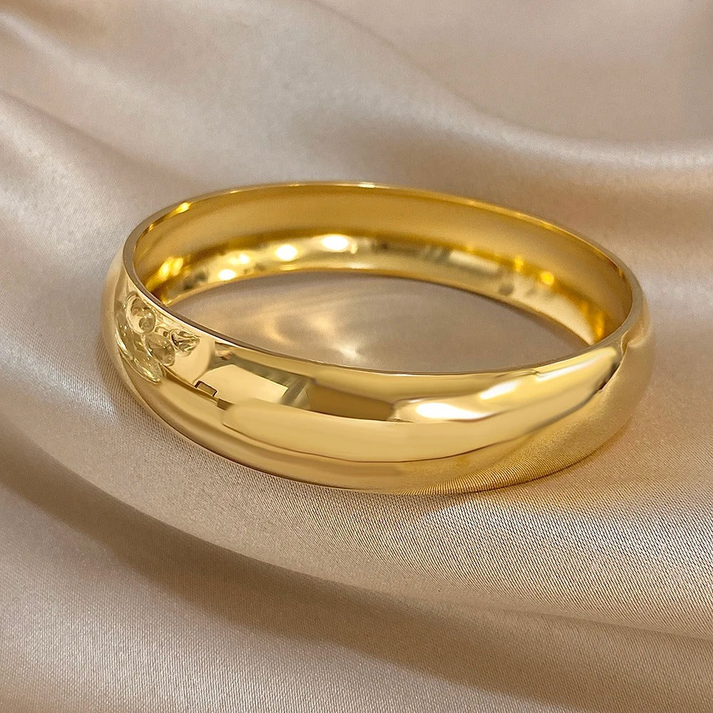 Glossy Gold Plated Stainless Steel Chunky Cuff Bracelet – Unisex Waterproof Smooth Bangle Jewelry (10/15/30mm)