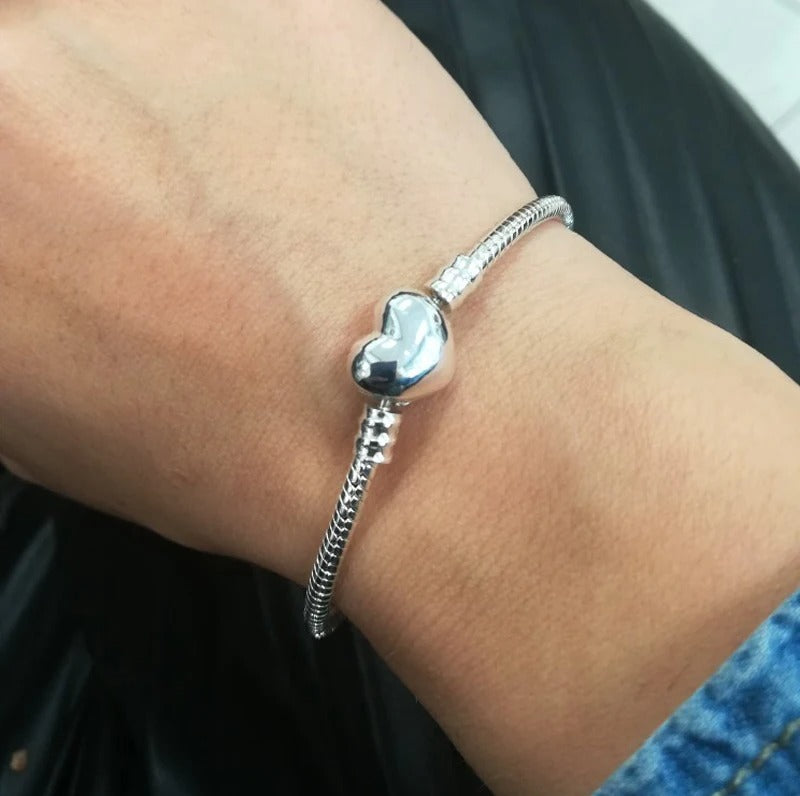 Handmade 925 Sterling Silver Charm Bracelet with Heart Clasp – Smooth Bangle for Women & Men, DIY Jewelry 16–23cm