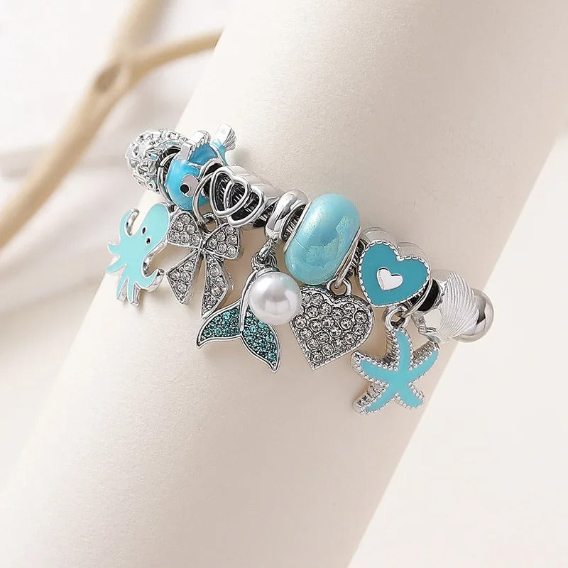 Beach Jewelry Stainless Steel Ocean Charm Bracelet – Blue Starfish Pendant, Pandora Style Summer Bracelet for Women