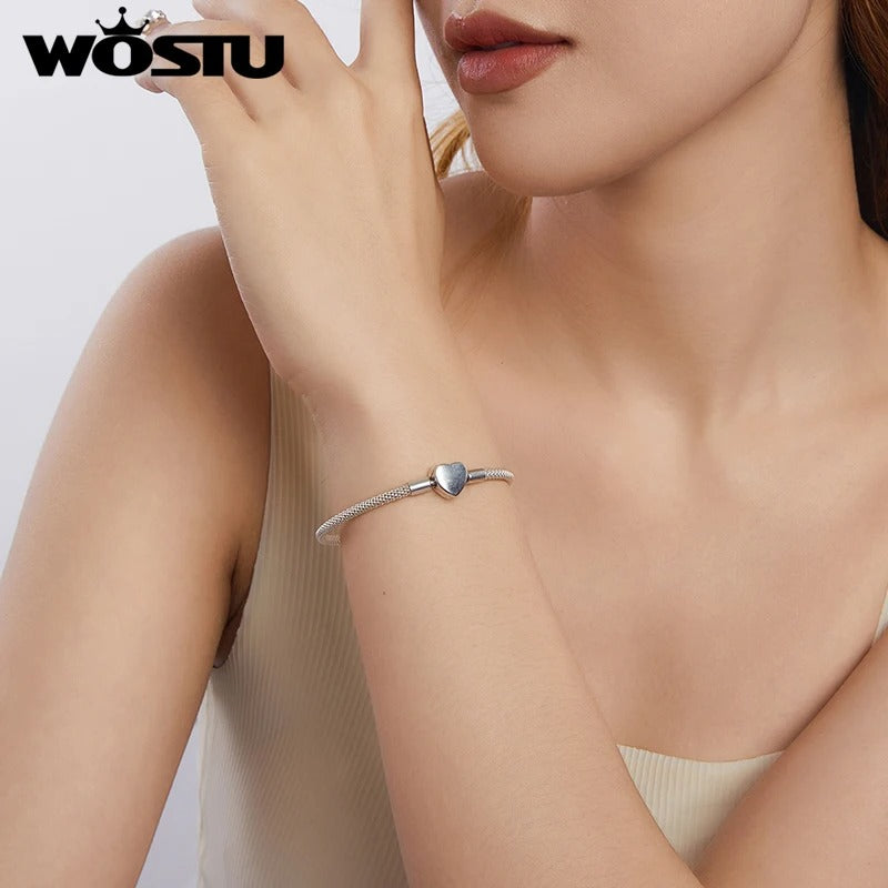 WOSTU 925 Sterling Silver Heart Basic Bracelet – Oxidized Silver Women’s Bangle Fine Jewelry Birthday & Daily Gift