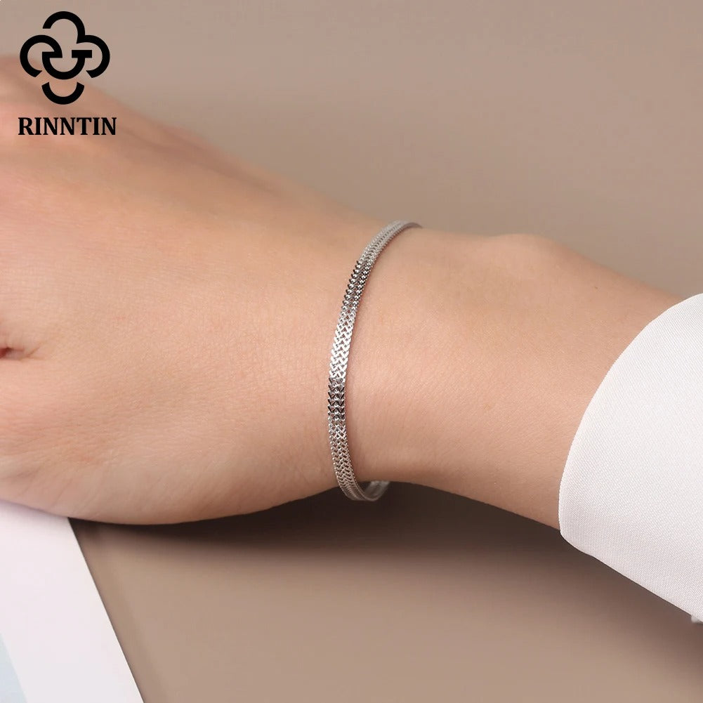 Rinntin 925 Sterling Silver 2.8mm Flat Mesh Chain Bracelet – Unisex Simple Bangle Chain Daily Wear Jewelry SB216