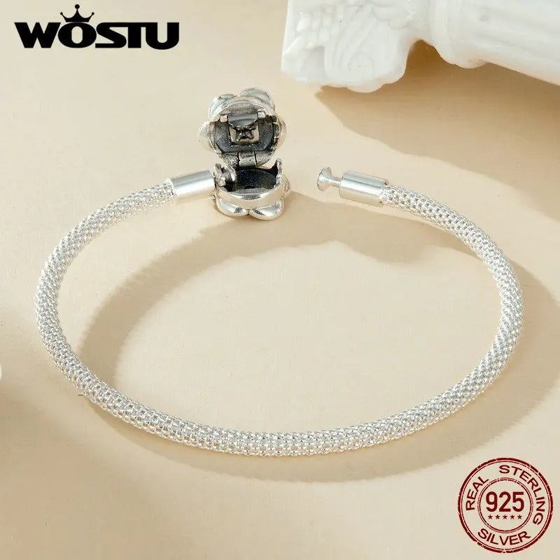 WOSTU 925 Sterling Silver Vintage Rose Flower Bracelet – Women’s Basic Bangle Fit DIY Charms & Beads Wedding Fine Jewelry