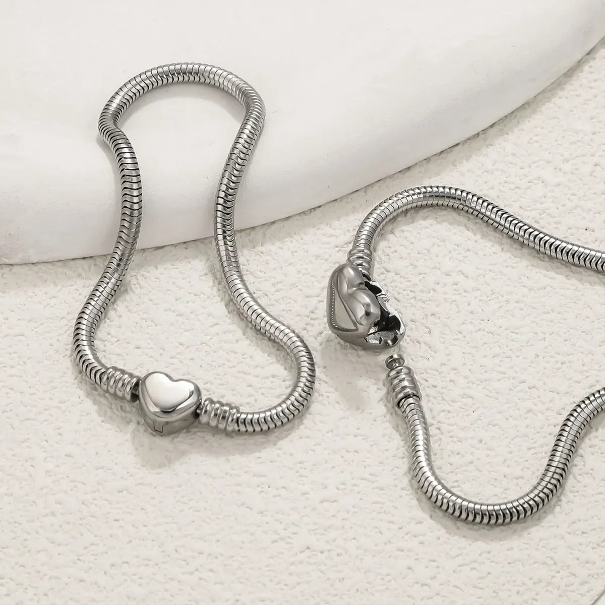 Stainless Steel Snake Chain Charm Bracelet with Heart Clasp – DIY Jewelry Making Supplies, Fits Pandora Style Beads & Charms
