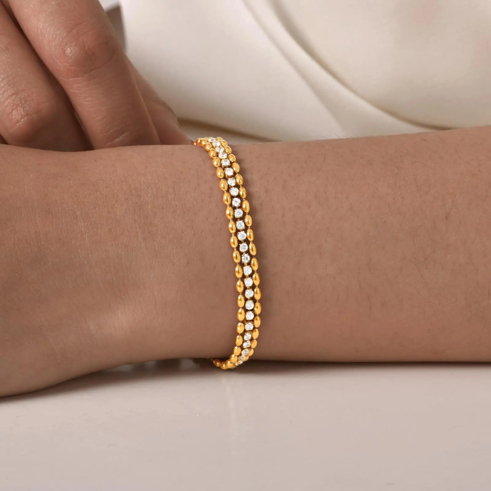 Vnox Women’s Gold & Silver Woven Cubic Zirconia Bracelet – Stainless Steel Double Beads Chain Charm Jewelry