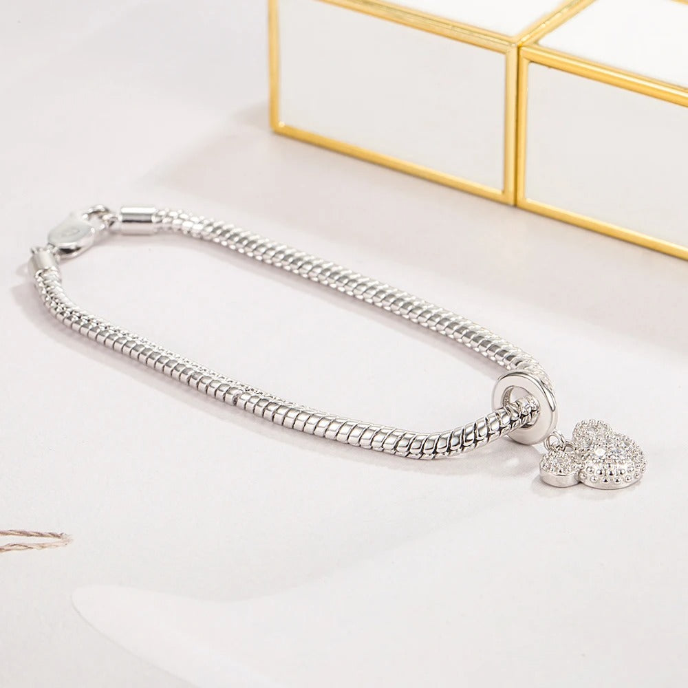 Cute Girl 925 Sterling Silver Mickey Bracelet – Simple Fashion Snake Chain Bangle for Teen & Women Charm Jewelry Gift