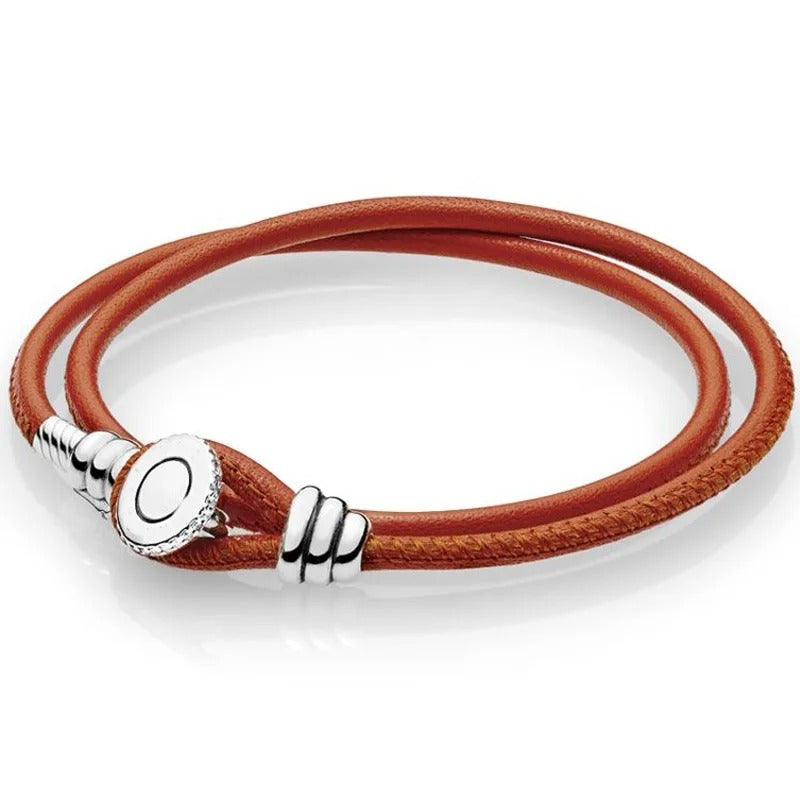 Original Multicolor Double Leather Bracelet with Logo Button Clasp – Fits Pandora 925 Sterling Silver Charms & Beads DIY Jewelry