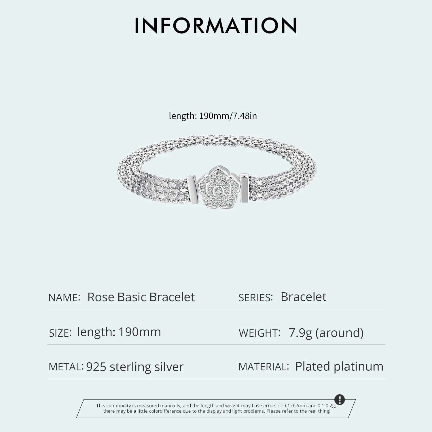 WOSTU 925 Sterling Silver Rose Flat Chain Bracelet – Sparkling Zirconia Flower Charm Bangle for Women Birthday Gift