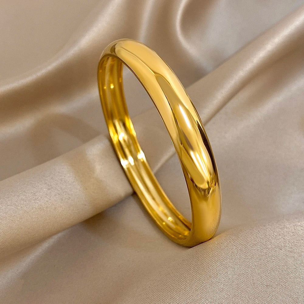 Glossy Gold Plated Stainless Steel Chunky Cuff Bracelet – Unisex Waterproof Smooth Bangle Jewelry (10/15/30mm)